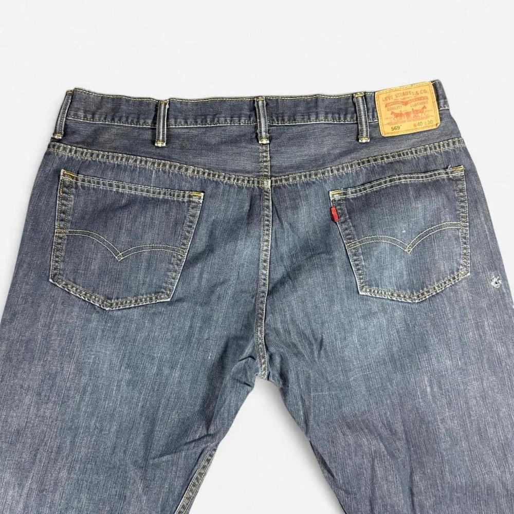 Levi's 569 Loose Straight Dark Wash Jeans Distressed Size 40x30 Stretch